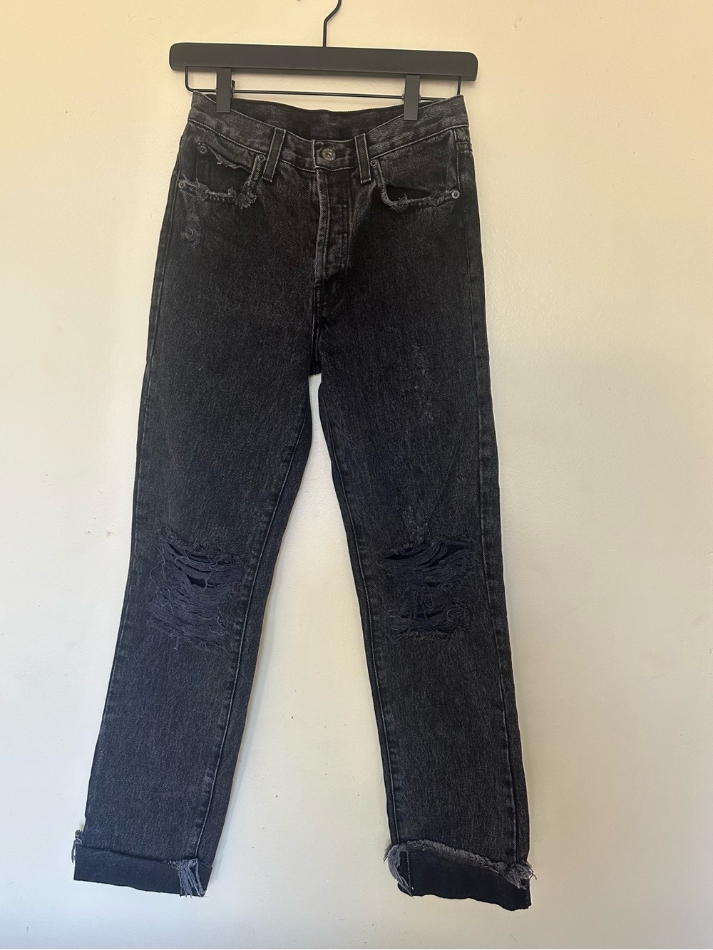 Carmar Black Distressed Straight Leg Jeans Raw Hem Cuffed Size 23
